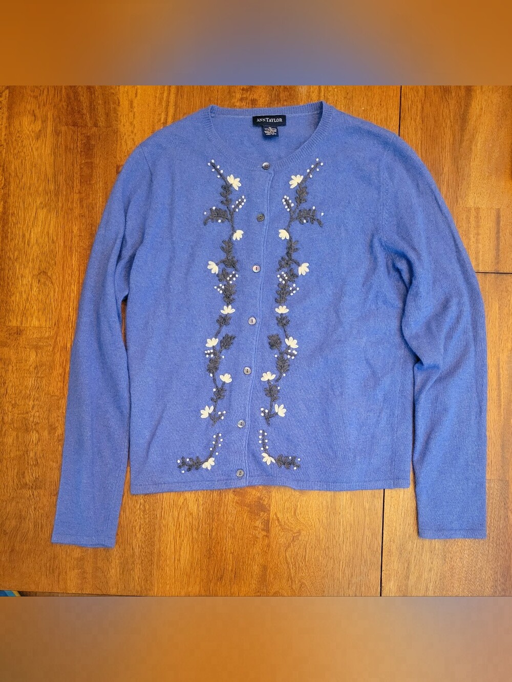 Ann Taylor Blue Cardigan with Floral Embroidery